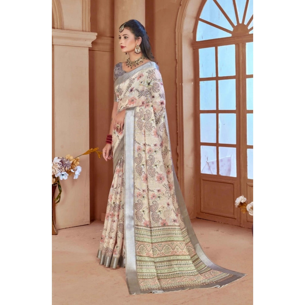 Women's Printed Cotton Linen Saree withPrinted  Saree With Unstitched Blouse (Beige, 5-6Mtrs)