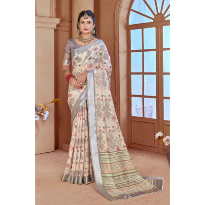Women's Printed Cotton Linen Saree withPrinted  Saree With Unstitched Blouse (Beige, 5-6Mtrs)