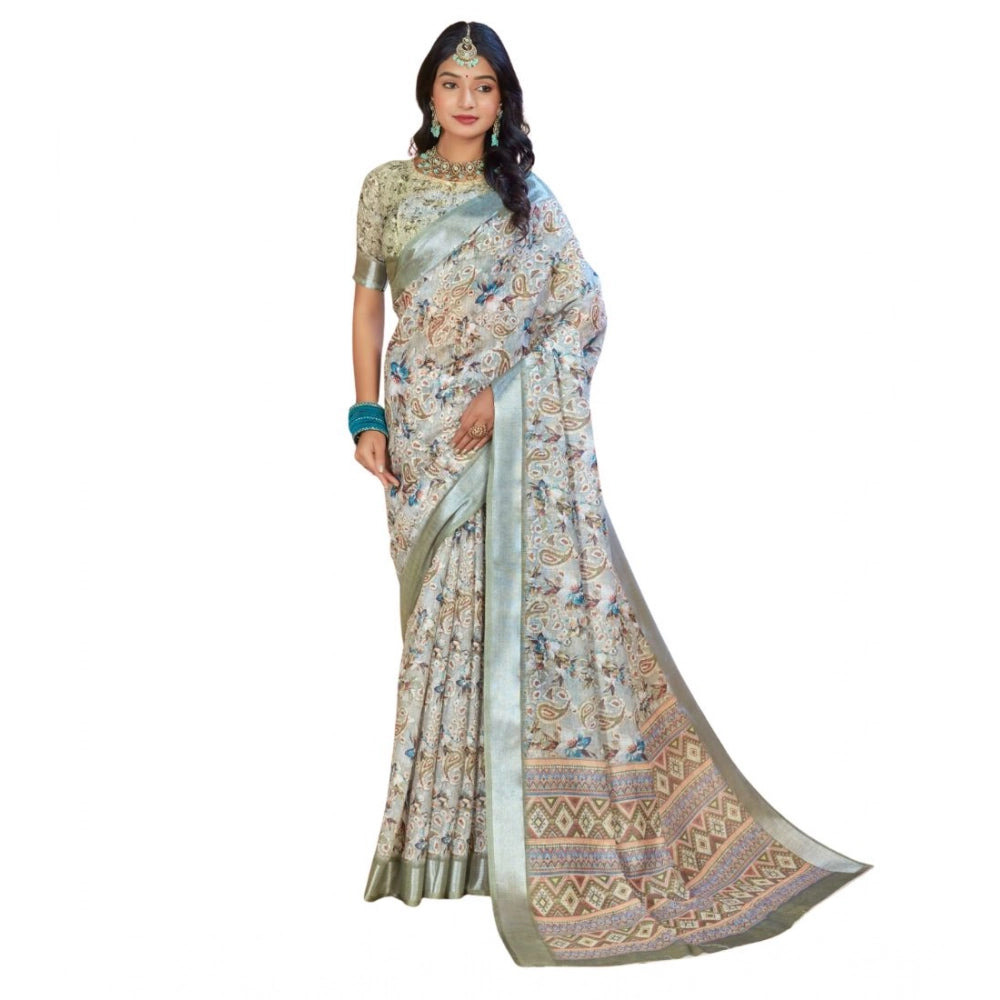 Women's Printed Cotton Linen Saree withPrinted  Saree With Unstitched Blouse (Mint Green, 5-6Mtrs)