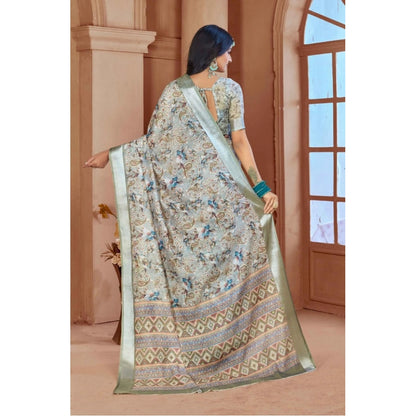 Women's Printed Cotton Linen Saree withPrinted  Saree With Unstitched Blouse (Mint Green, 5-6Mtrs)