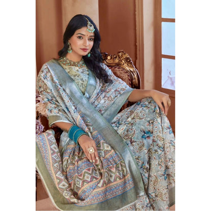 Women's Printed Cotton Linen Saree withPrinted  Saree With Unstitched Blouse (Mint Green, 5-6Mtrs)