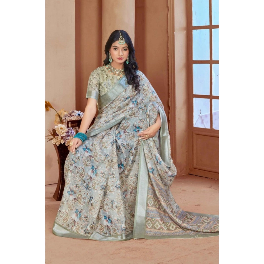 Women's Printed Cotton Linen Saree withPrinted  Saree With Unstitched Blouse (Mint Green, 5-6Mtrs)