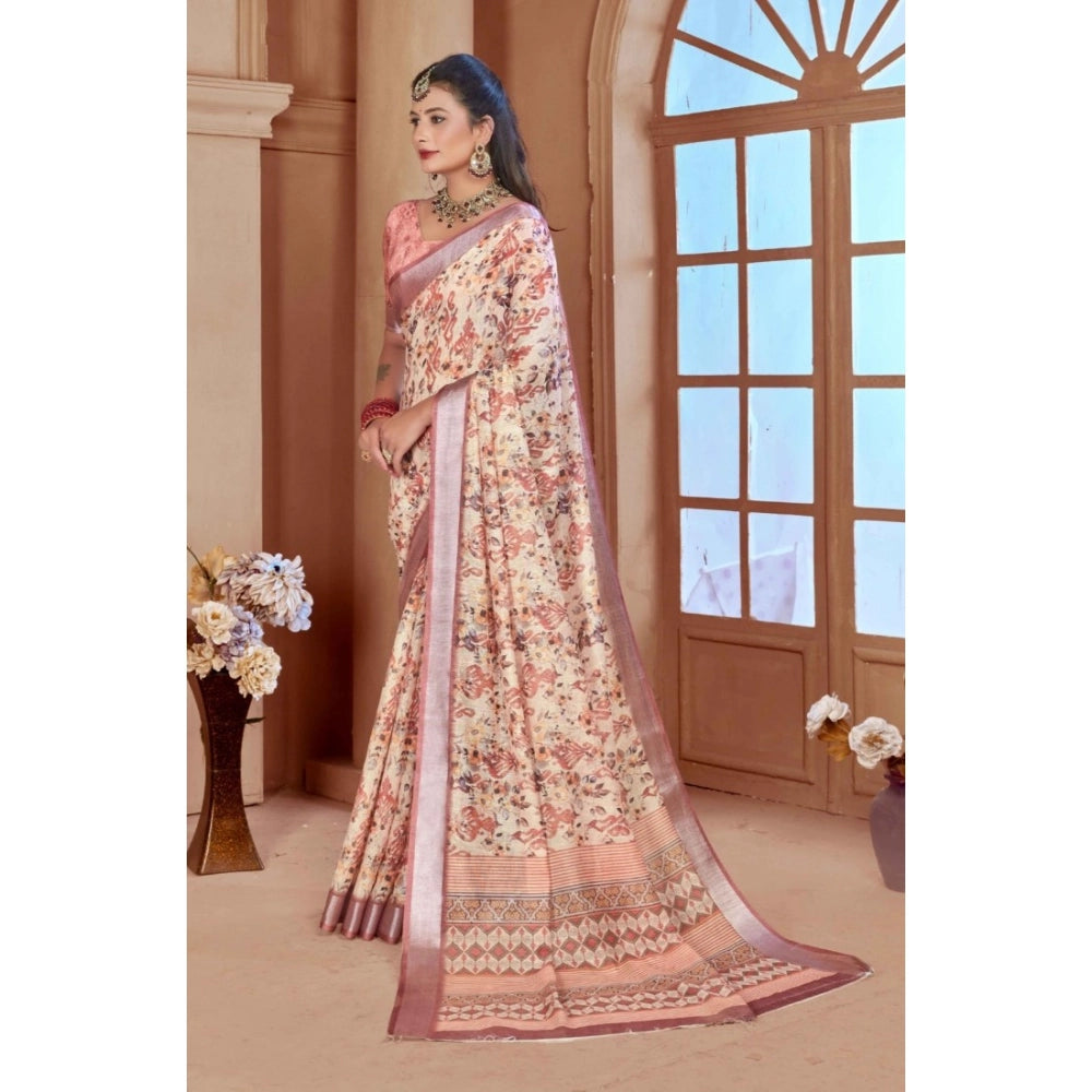 Women's Printed Cotton Linen Saree withPrinted  Saree With Unstitched Blouse (Beige, 5-6Mtrs)