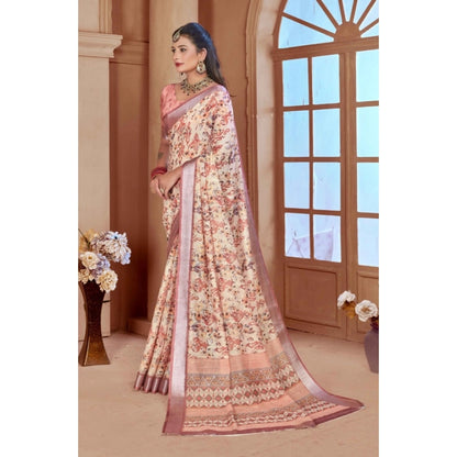 Women's Printed Cotton Linen Saree withPrinted  Saree With Unstitched Blouse (Beige, 5-6Mtrs)