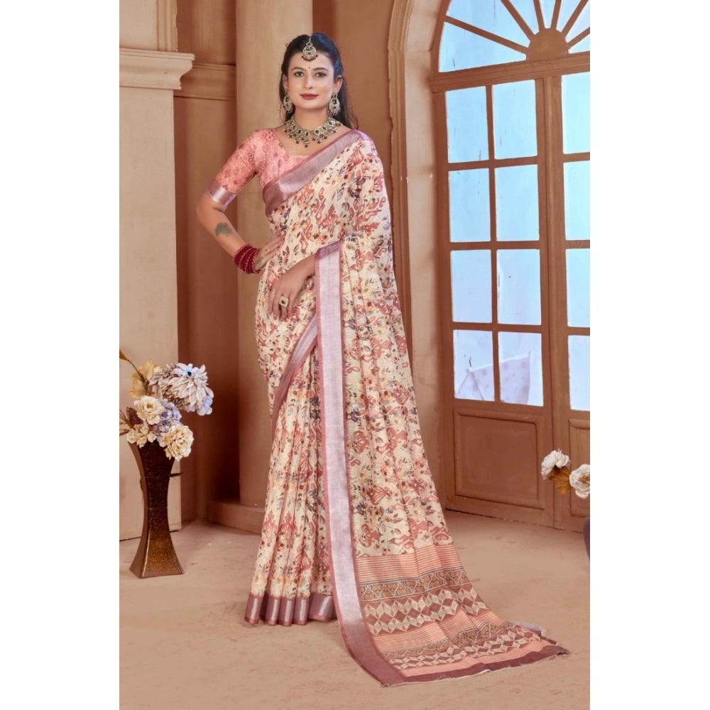 Women's Printed Cotton Linen Saree withPrinted  Saree With Unstitched Blouse (Beige, 5-6Mtrs)