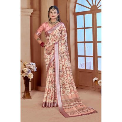 Women's Printed Cotton Linen Saree withPrinted  Saree With Unstitched Blouse (Beige, 5-6Mtrs)
