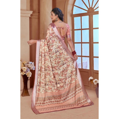 Women's Printed Cotton Linen Saree withPrinted  Saree With Unstitched Blouse (Beige, 5-6Mtrs)