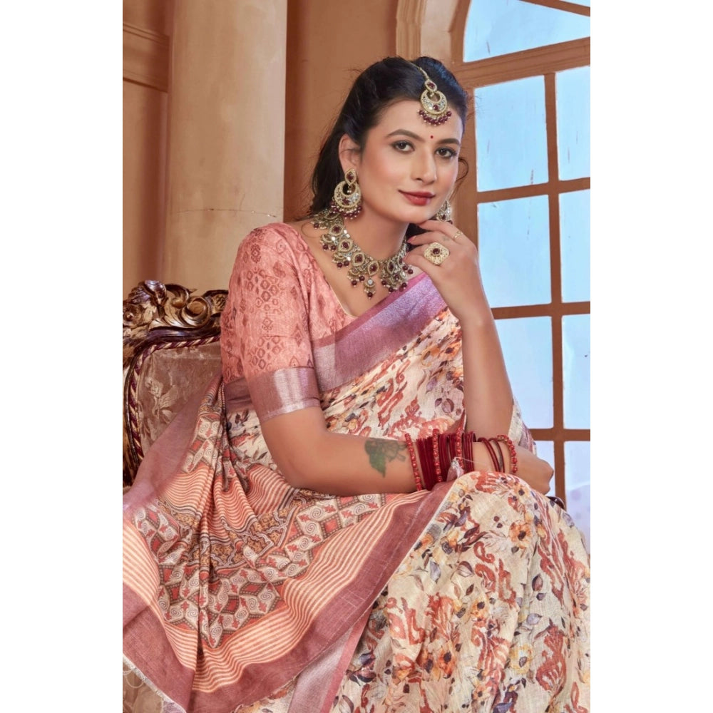 Women's Printed Cotton Linen Saree withPrinted  Saree With Unstitched Blouse (Beige, 5-6Mtrs)