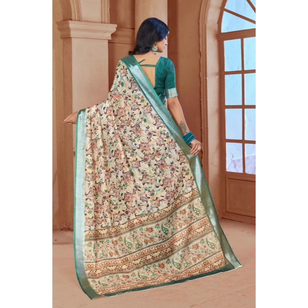 Women's Printed Cotton Linen Saree withPrinted  Saree With Unstitched Blouse (Green, 5-6Mtrs)