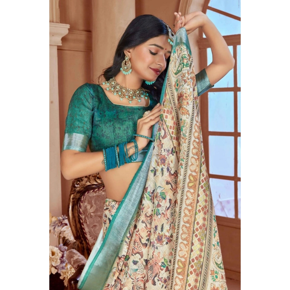 Women's Printed Cotton Linen Saree withPrinted  Saree With Unstitched Blouse (Green, 5-6Mtrs)