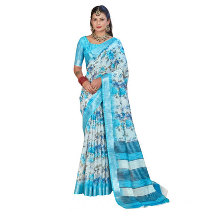 Women's Printed Cotton Linen Saree withPrinted  Saree With Unstitched Blouse (Blue, 5-6Mtrs)
