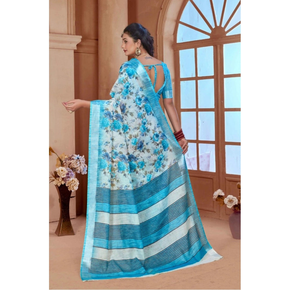 Women's Printed Cotton Linen Saree withPrinted  Saree With Unstitched Blouse (Blue, 5-6Mtrs)