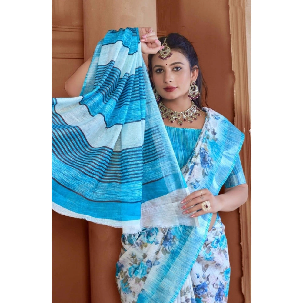 Women's Printed Cotton Linen Saree withPrinted  Saree With Unstitched Blouse (Blue, 5-6Mtrs)