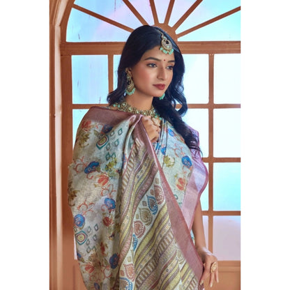 Women's Printed Cotton Linen Saree withPrinted  Saree With Unstitched Blouse (Rust  , 5-6Mtrs)