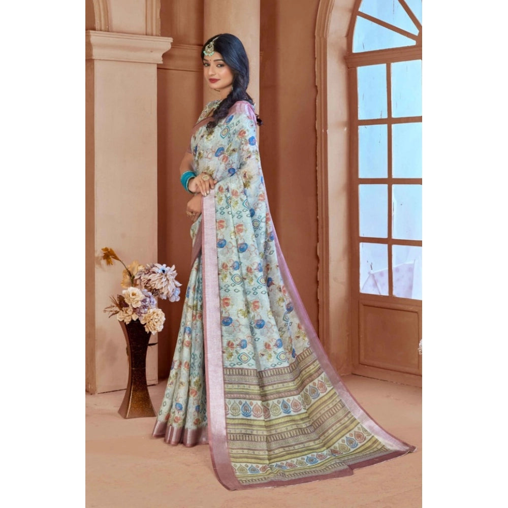 Women's Printed Cotton Linen Saree withPrinted  Saree With Unstitched Blouse (Rust  , 5-6Mtrs)