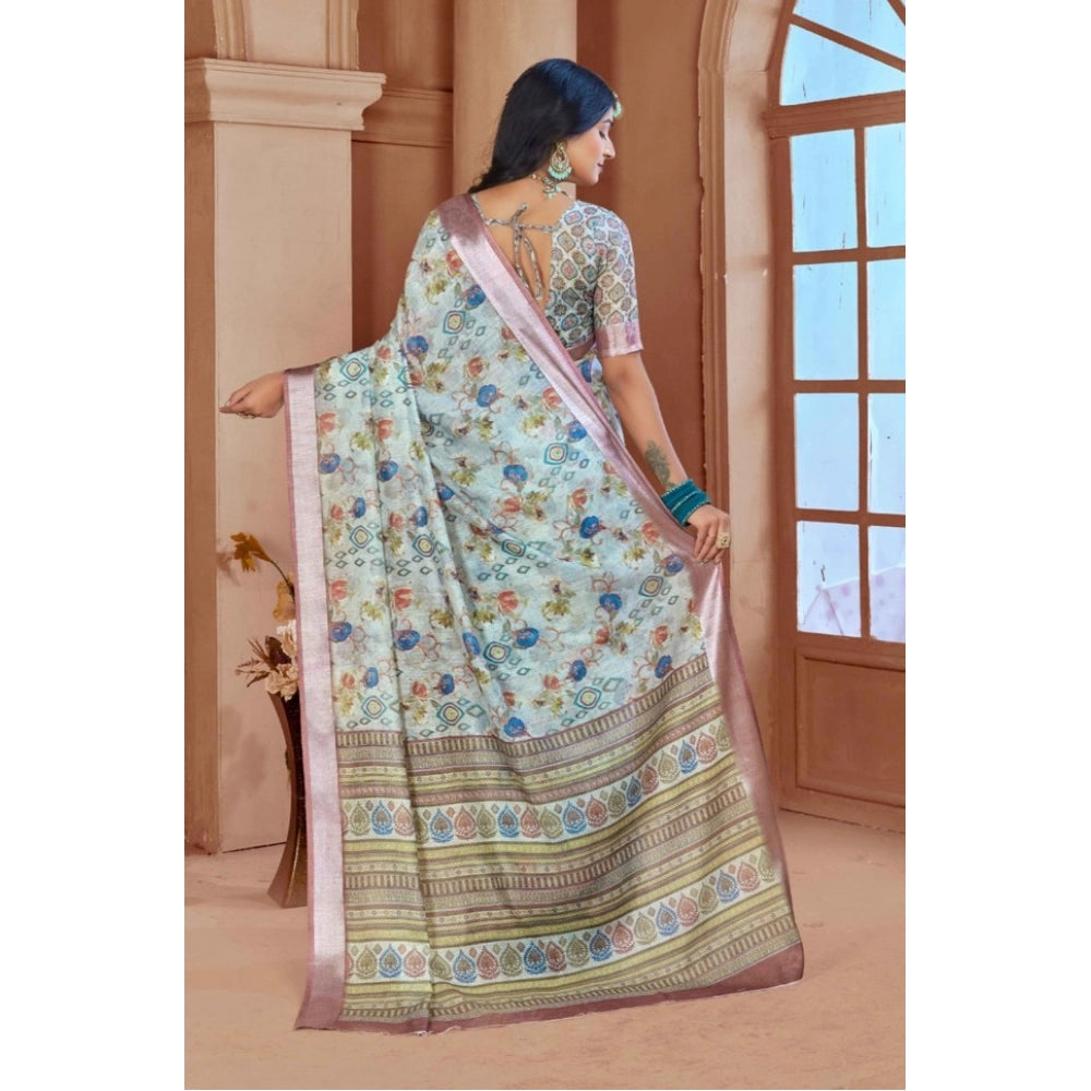 Women's Printed Cotton Linen Saree withPrinted  Saree With Unstitched Blouse (Rust  , 5-6Mtrs)