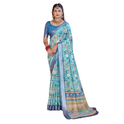 Women's Printed Cotton Linen Saree withPrinted  Saree With Unstitched Blouse (Light Blue, 5-6Mtrs)