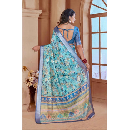Women's Printed Cotton Linen Saree withPrinted  Saree With Unstitched Blouse (Light Blue, 5-6Mtrs)