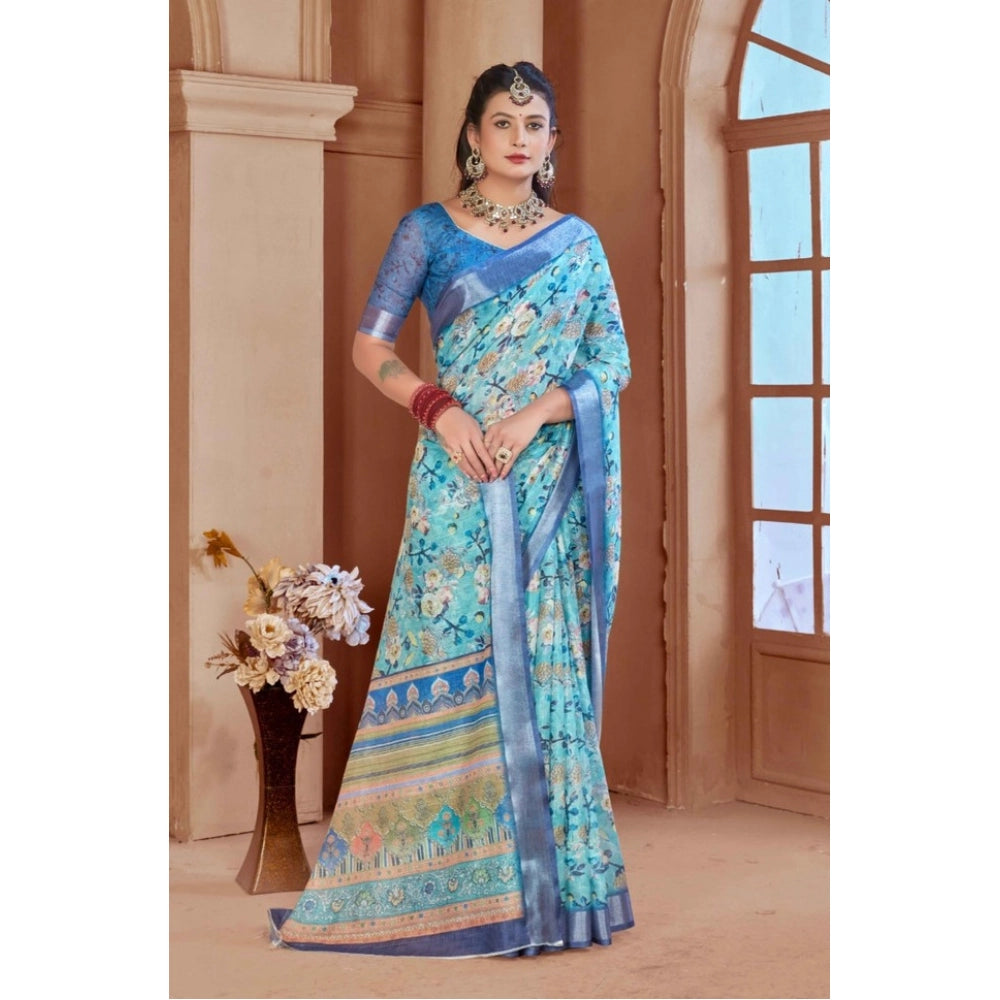 Women's Printed Cotton Linen Saree withPrinted  Saree With Unstitched Blouse (Light Blue, 5-6Mtrs)