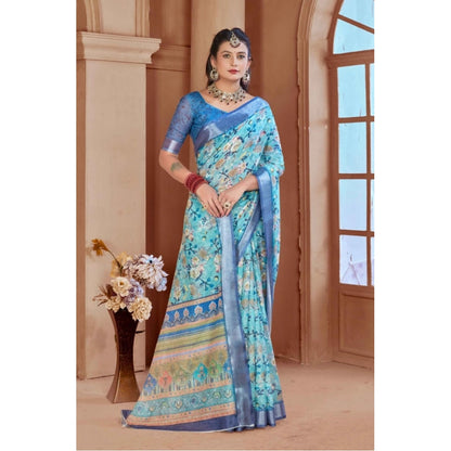 Women's Printed Cotton Linen Saree withPrinted  Saree With Unstitched Blouse (Light Blue, 5-6Mtrs)