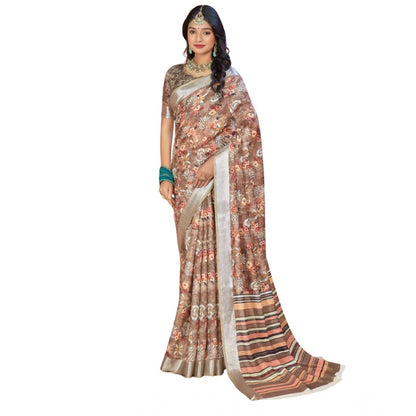 Women's Printed Cotton Linen Saree withPrinted  Saree With Unstitched Blouse (Brown , 5-6Mtrs)