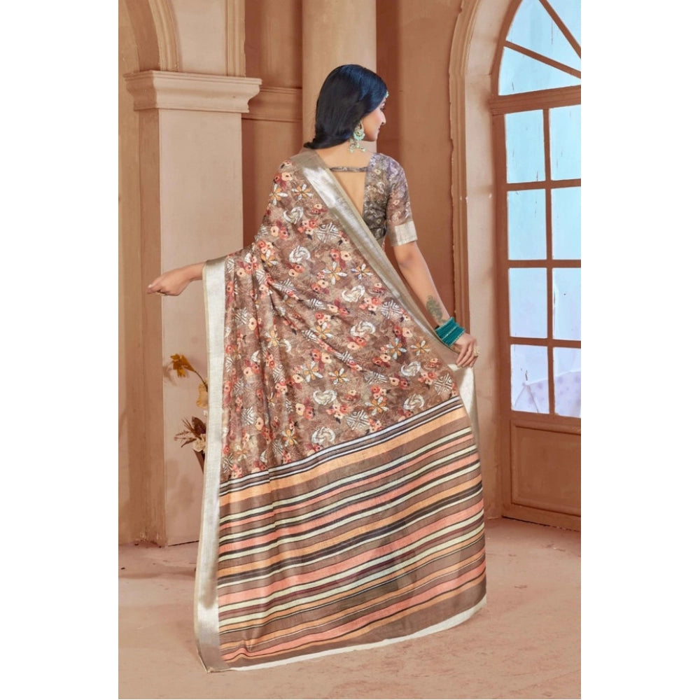Women's Printed Cotton Linen Saree withPrinted  Saree With Unstitched Blouse (Brown , 5-6Mtrs)