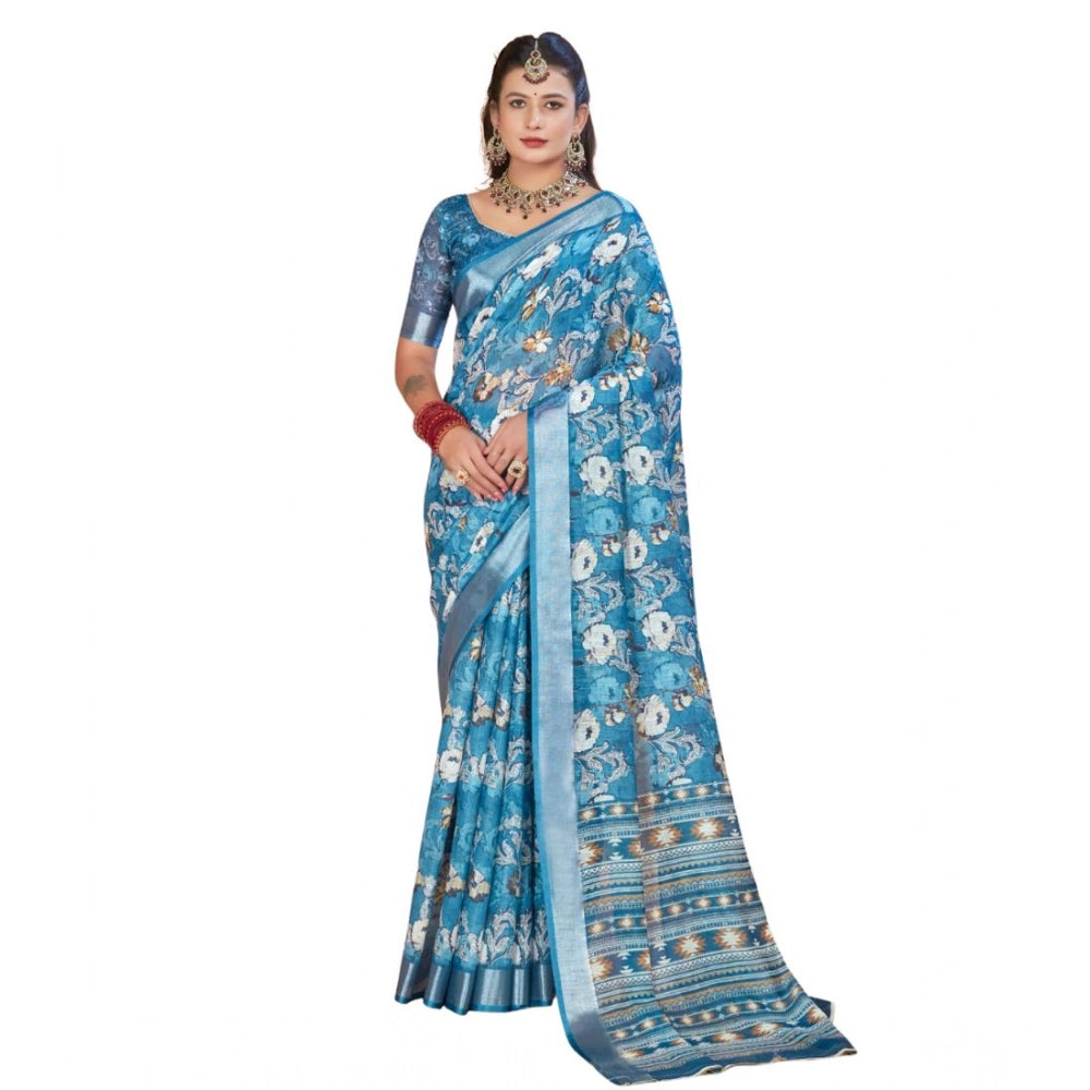 Women's Printed Cotton Linen Saree withPrinted  Saree With Unstitched Blouse (Blue, 5-6Mtrs)
