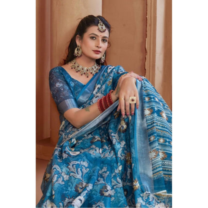 Women's Printed Cotton Linen Saree withPrinted  Saree With Unstitched Blouse (Blue, 5-6Mtrs)