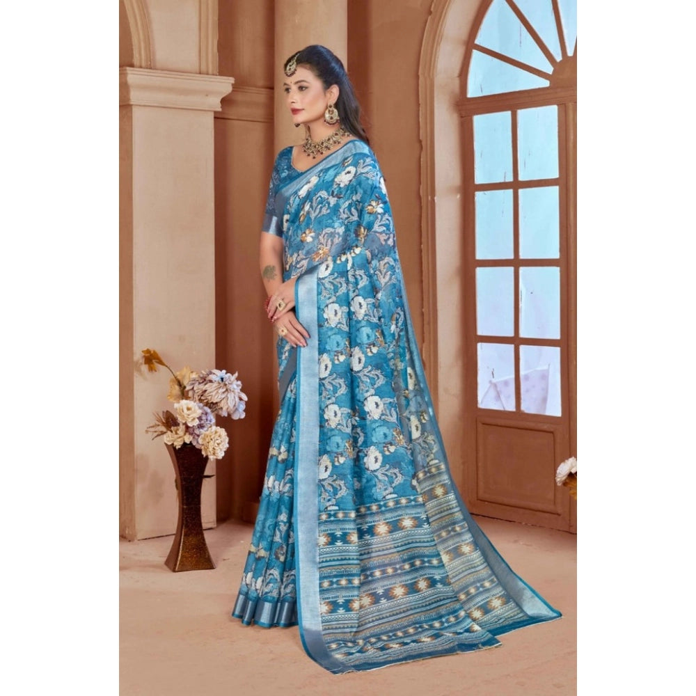 Women's Printed Cotton Linen Saree withPrinted  Saree With Unstitched Blouse (Blue, 5-6Mtrs)