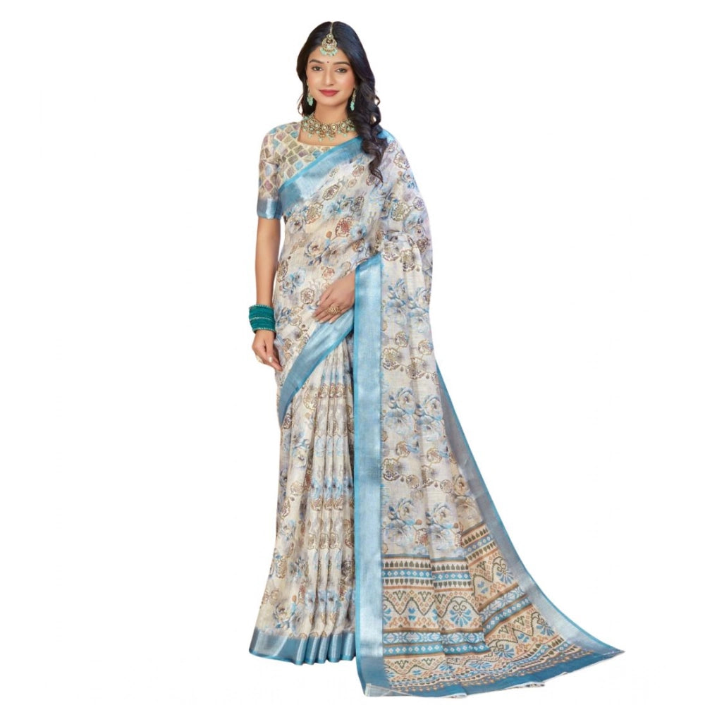 Women's Printed Cotton Linen Saree withPrinted  Saree With Unstitched Blouse (Beige , 5-6Mtrs)