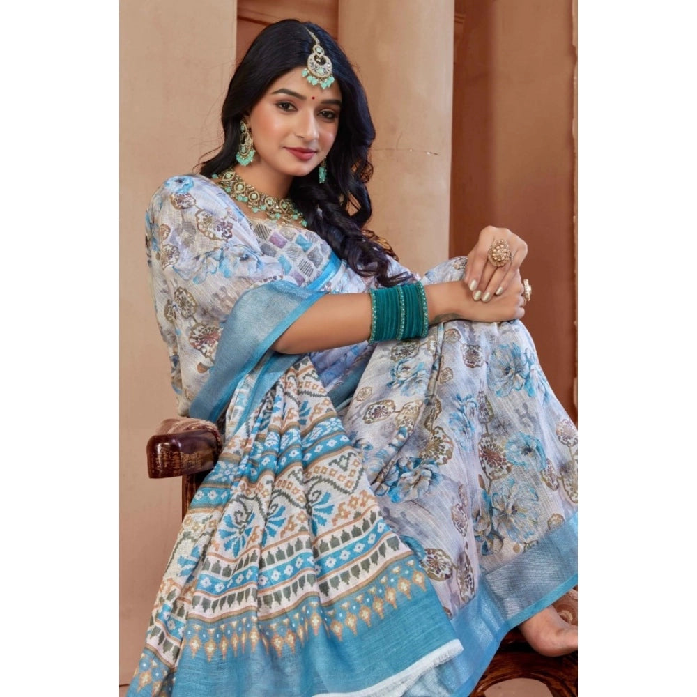 Women's Printed Cotton Linen Saree withPrinted  Saree With Unstitched Blouse (Beige , 5-6Mtrs)