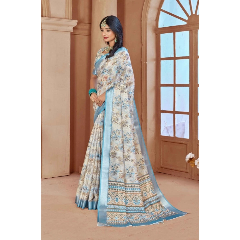 Women's Printed Cotton Linen Saree withPrinted  Saree With Unstitched Blouse (Beige , 5-6Mtrs)
