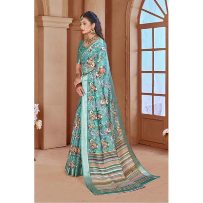Women's Printed Cotton Linen Saree withPrinted  Saree With Unstitched Blouse (Mint Green, 5-6Mtrs)