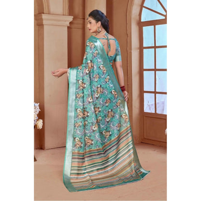 Women's Printed Cotton Linen Saree withPrinted  Saree With Unstitched Blouse (Mint Green, 5-6Mtrs)