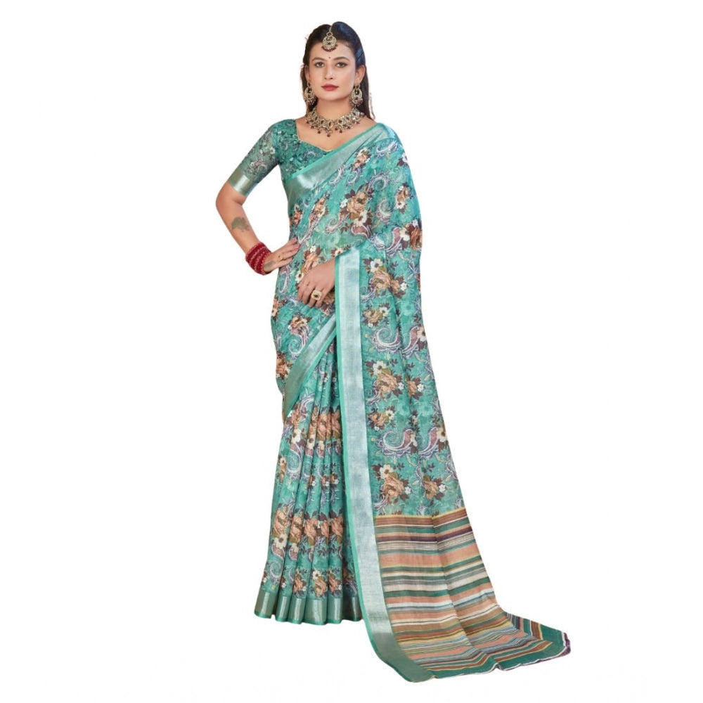 Women's Printed Cotton Linen Saree withPrinted  Saree With Unstitched Blouse (Mint Green, 5-6Mtrs)