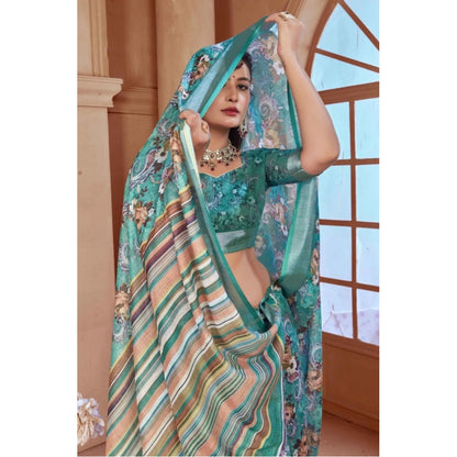 Women's Printed Cotton Linen Saree withPrinted  Saree With Unstitched Blouse (Mint Green, 5-6Mtrs)
