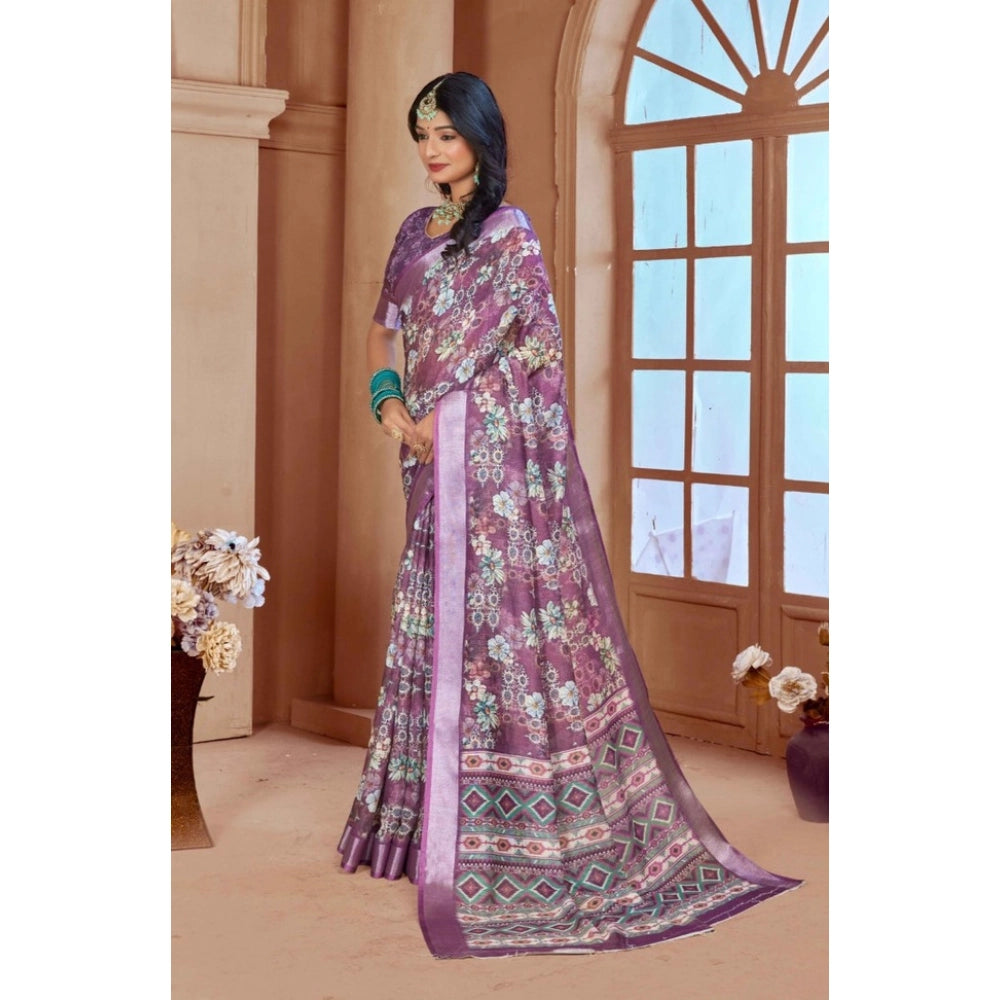 Women's Printed Cotton Linen Saree withPrinted  Saree With Unstitched Blouse (Purple, 5-6Mtrs)