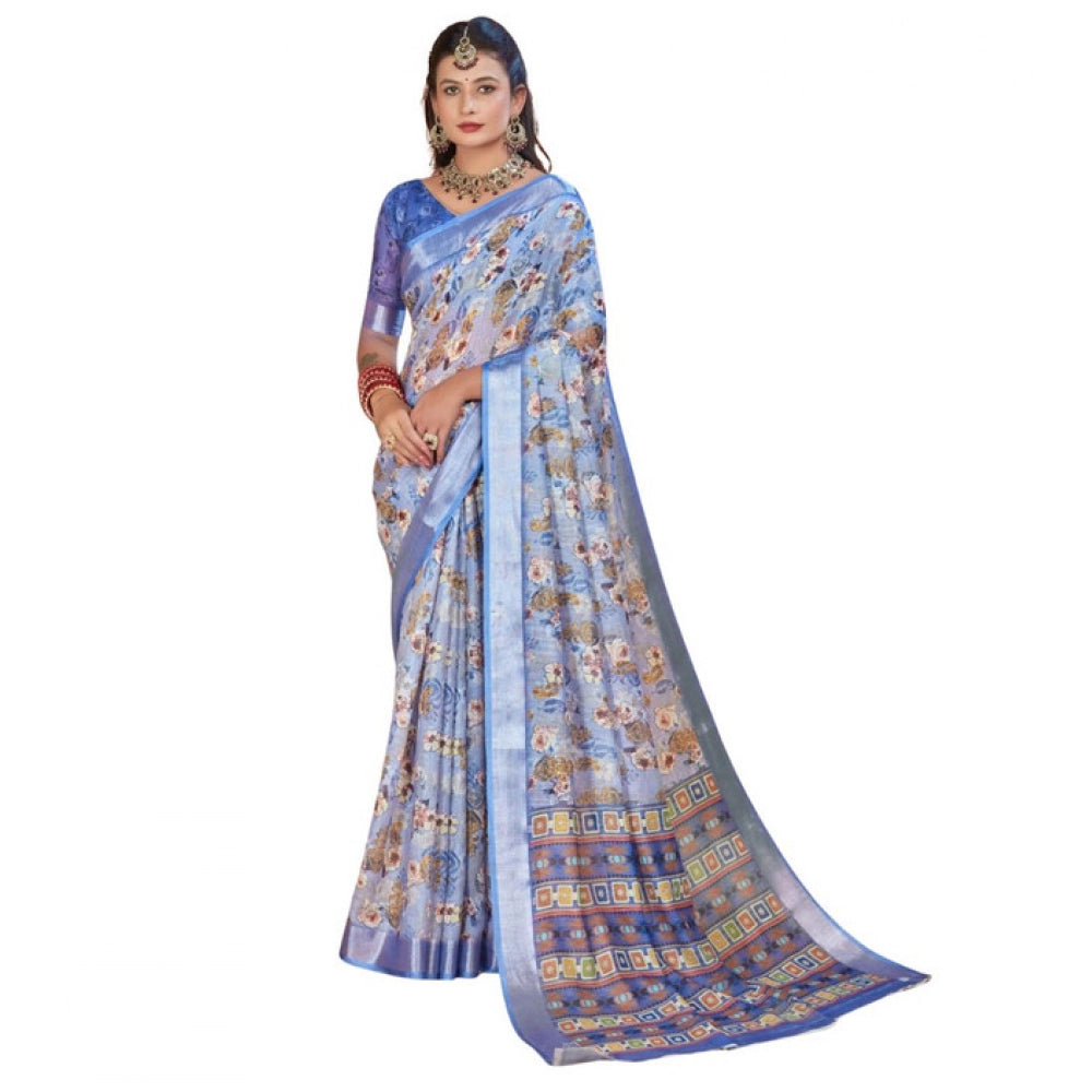Women's Printed Cotton Linen Saree withPrinted  Saree With Unstitched Blouse (Blue, 5-6Mtrs)
