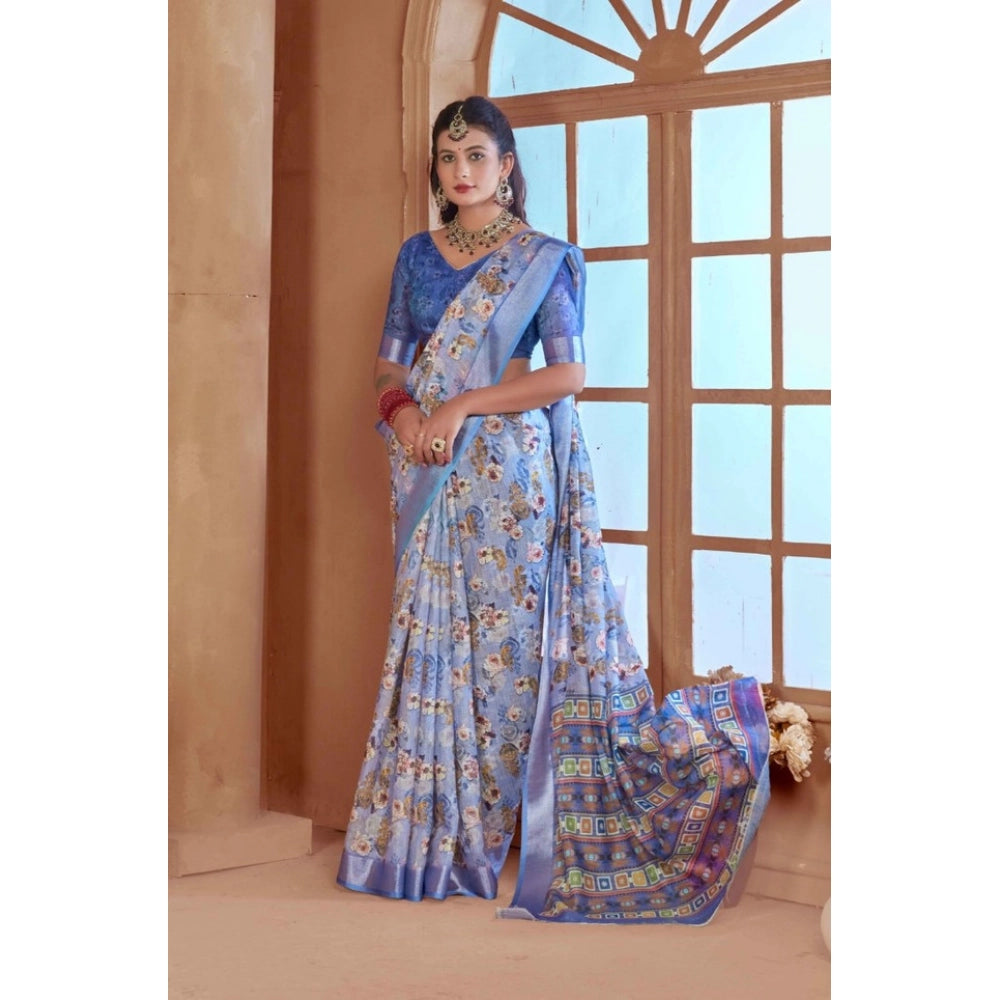 Women's Printed Cotton Linen Saree withPrinted  Saree With Unstitched Blouse (Blue, 5-6Mtrs)