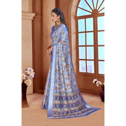 Women's Printed Cotton Linen Saree withPrinted  Saree With Unstitched Blouse (Blue, 5-6Mtrs)