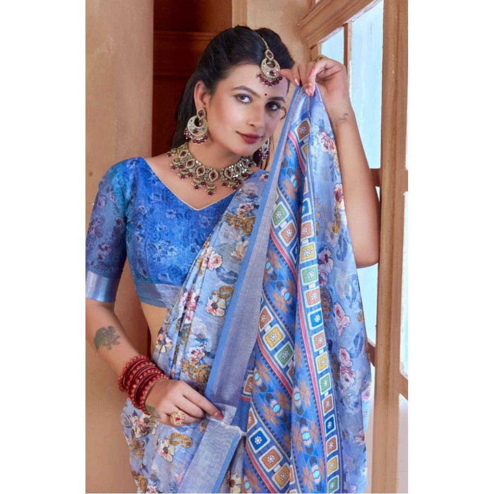 Women's Printed Cotton Linen Saree withPrinted  Saree With Unstitched Blouse (Blue, 5-6Mtrs)