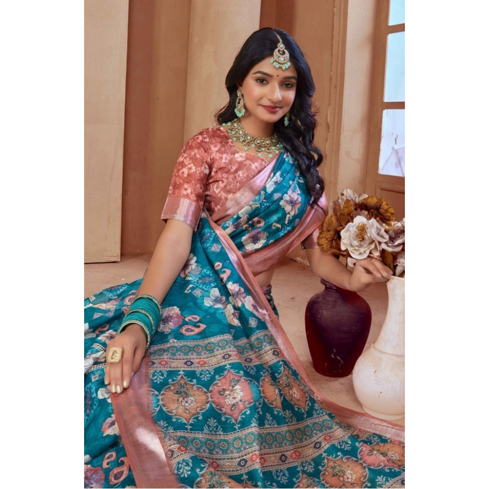 Women's Printed Cotton Linen Saree withPrinted  Saree With Unstitched Blouse (Peacook Green, 5-6Mtrs)