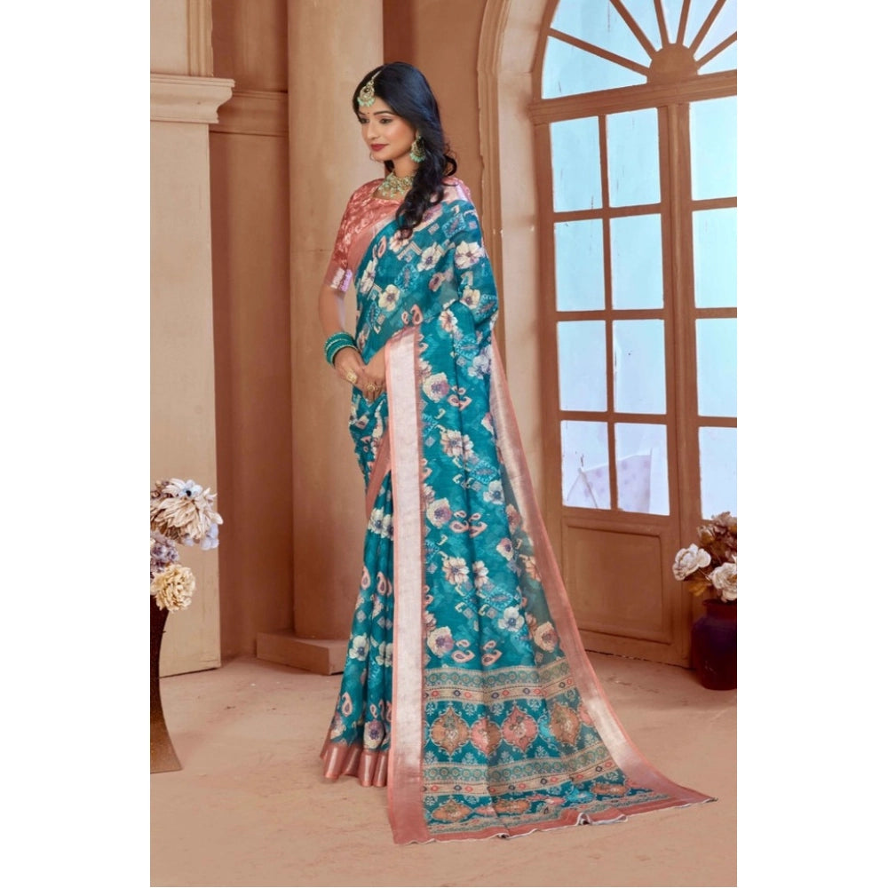 Women's Printed Cotton Linen Saree withPrinted  Saree With Unstitched Blouse (Peacook Green, 5-6Mtrs)