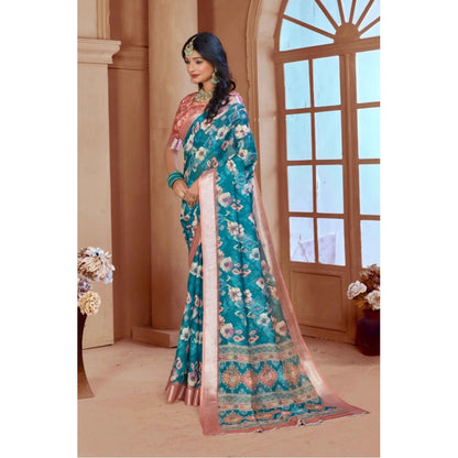 Women's Printed Cotton Linen Saree withPrinted  Saree With Unstitched Blouse (Peacook Green, 5-6Mtrs)