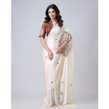 Women's Soft Crepe Silk Printed Ready To Wear Saree With Unstitched Blouse 5.5Mtr (Off White)