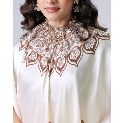 Women's Soft Crepe Silk Printed Ready To Wear Saree With Unstitched Blouse 5.5Mtr (Off White)