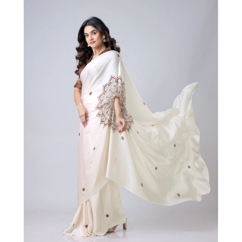 Women's Soft Crepe Silk Printed Ready To Wear Saree With Unstitched Blouse 5.5Mtr (Off White)