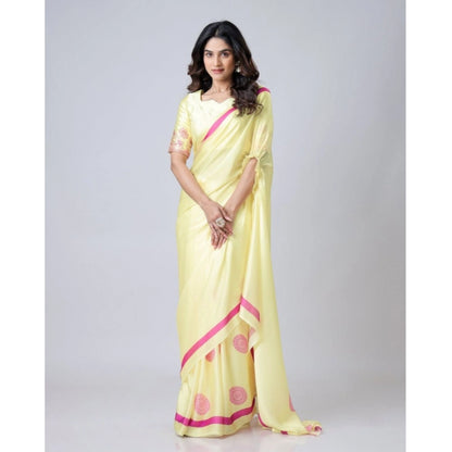 Women's Soft Crepe Silk Printed Ready To Wear Saree With Unstitched Blouse 5.5Mtr (Light Yellow)