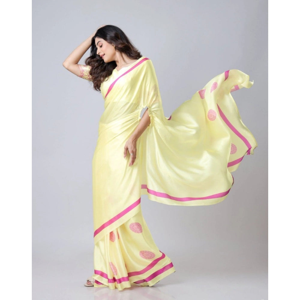 Women's Soft Crepe Silk Printed Ready To Wear Saree With Unstitched Blouse 5.5Mtr (Light Yellow)