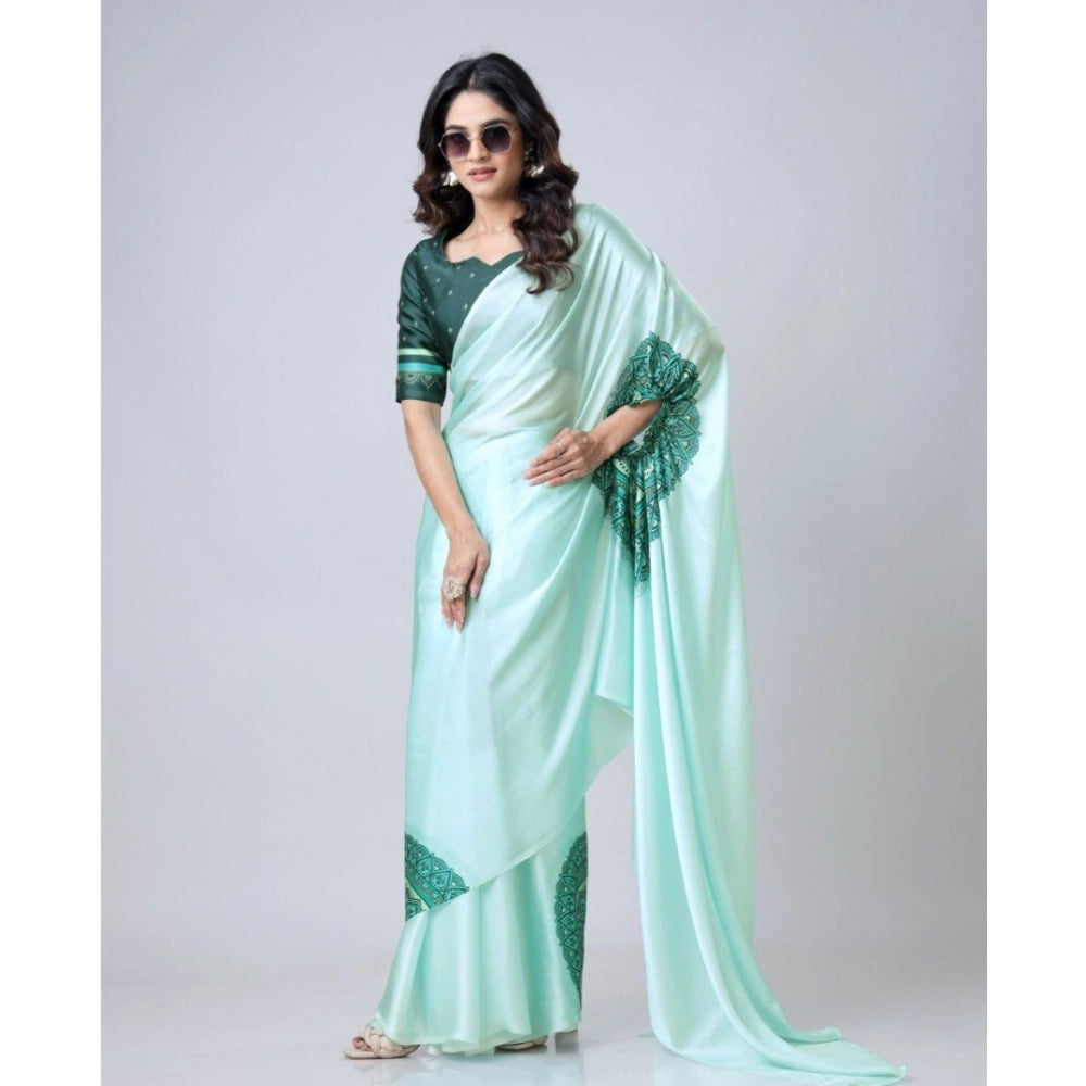 Women's Soft Crepe Silk Printed Ready To Wear Saree With Unstitched Blouse 5.5Mtr (Green)